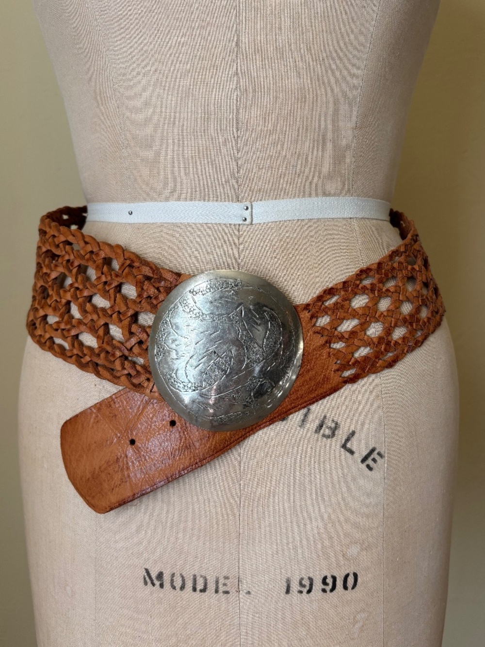 Vintage Woven Tan Leather Waist Belt with Silver Medallion Buckle - SMALL